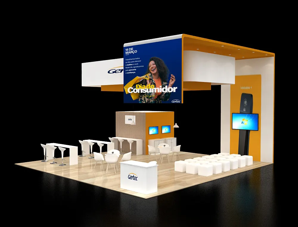 30x30 booth design with central LED product tower